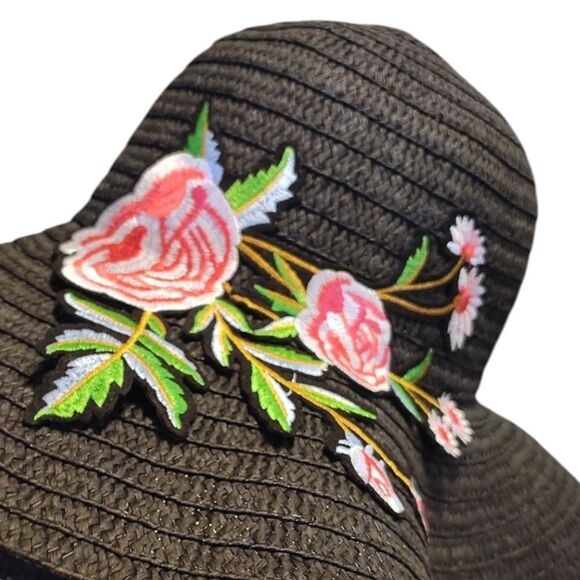 Y2K Black with Pink Floral Embroidered Applique Oversized Straw Floppy Hat - Picture 2 of 11